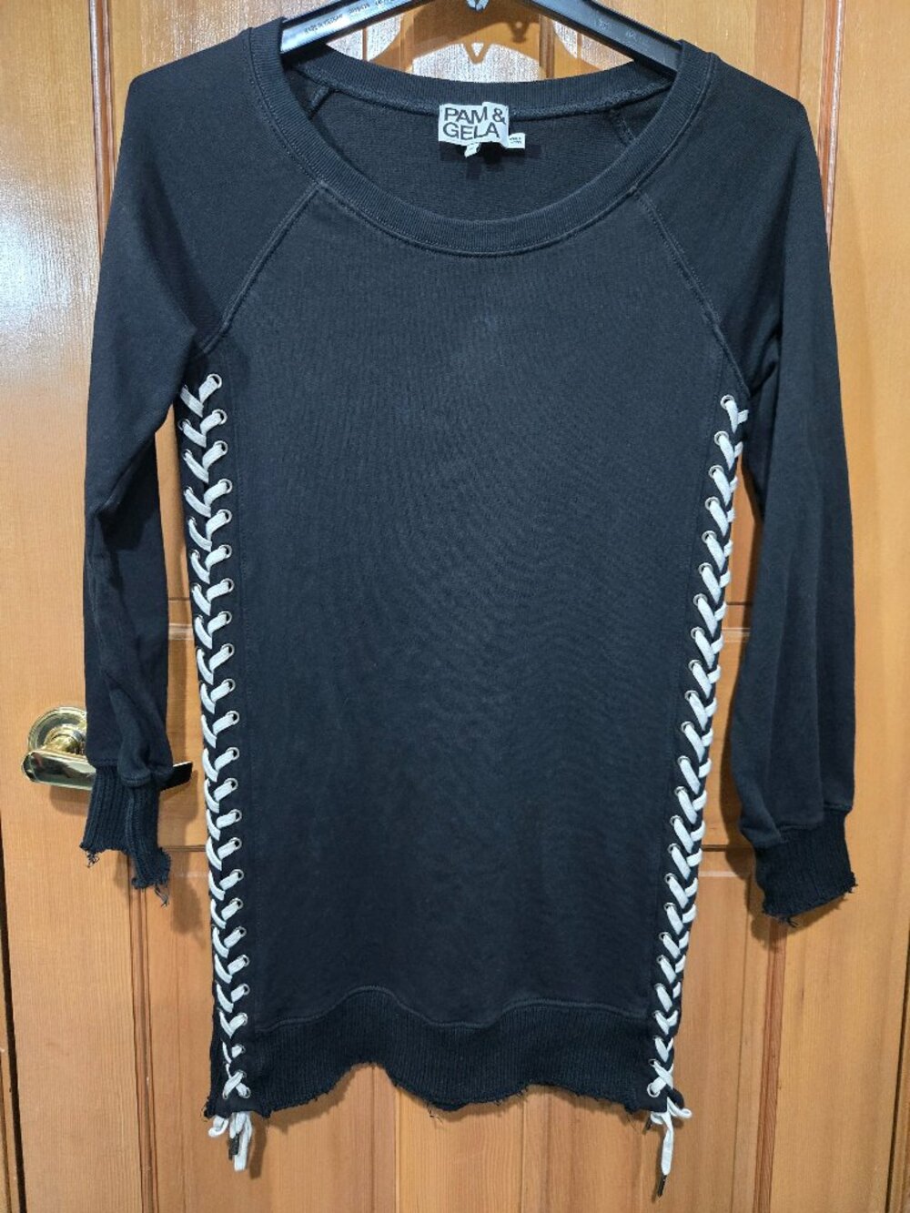 Pam & Gela Black Lace-Up Side Mini Sweatshirt Dress/Tunic